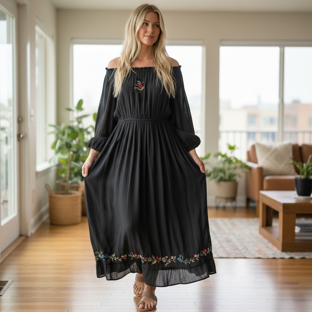Florissant New York Black Cotton Gauze Embroidered Boho Maxi Dress 14P Cottage